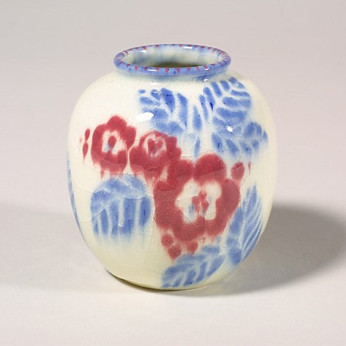 Rookwood HG vase, red flowers, Barrett,: Rookwood Design Crystal vase with red flowers and blue leaves on a white ground done by Elizabeth Barrett in 1944. Marks include the company logo, date, shape number 6133 F and the artist's monogram i