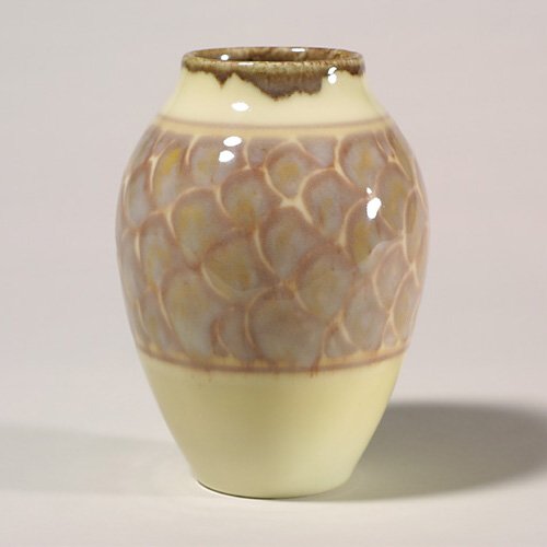 Rookwood vase, Porcelain, Barrett, 194: Pleasant Decorated Porcelain glaze vase with banded scalloped design at mid body and a decorative brown drip at the rim, the work of Elizabeth Barrett in 1945. Marks include the Rookwood logo, date, s