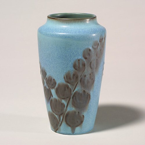 Rookwood Mat vase, blue, Barrett,1930,: Crystalline Mat glaze vase with stalks of coca brown leaves done in heavy slip, the work of Elizabeth Barrett in 1930. Marks include the Rookwood logo, date, shape number 1918 and the artist's monogra