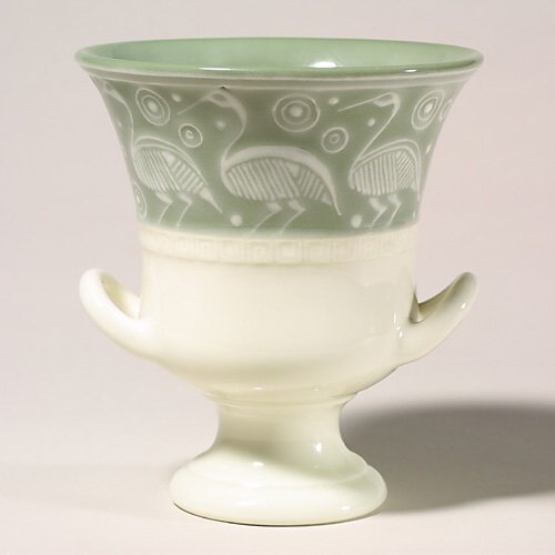 Rookwood urn, cranes, 1935, Barrett, 64: Pleasant Decorated Porcelain two handled urn with a procession of stylized cranes and coiled designs against an avocado band, the work of Elizabeth Barrett in 1935. Marks include the Rookwood logo, da