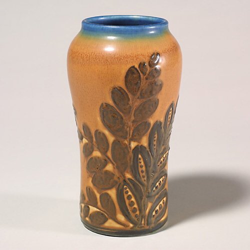 Rookwood Decorated Mat, Deco, Barrett,: Bold Decorated Mat vase with Deco foliage done in 1929 by Elizabeth Barrett. Marks include the Rookwood logo, date, shape number 935 D, incised monogram and original factory label. Height 8 1/8 inches