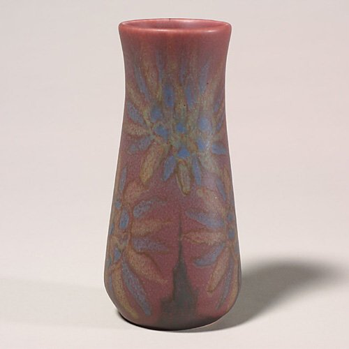 Rookwood mat glaze vase, Barrett, 1925,: Decorated Mat glaze vase with abstract floral design painted by Elizabeth Barrett in 1925 in shades of blue and plum. Marks include the Rookwood logo, date, shape number 1930 and the artist's initials
