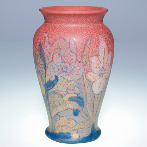 Rookwood Decorated Mat 6 1/4", Pullman, '28: Decorated Mat 6 1/4 inch vase which has been totally encircled with blooming flowers against a stippled ground, artfully crafted by John Wesley Pullman in 1928. Marked with the Rookwood symbol, the da