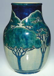 452: Newcomb 12" vase, Nicholson, incised-painted trees