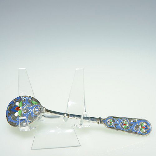 Russian cloisonné spoon, M. Grachev, 4 3/4": Russian silver and cloisonné spoon by Mikail Grachev. Four color enameling over black on both sides of the handle and back of bowl. Embellished with rope detail. Length 4 3/4 inches. Cyrillic name of