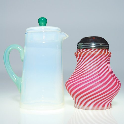 2 pcs:Fry Foval tankard, 6"; Reverse Swirl muffine: Two items: 1)Nice Fry Foval tankard in miniature topped with a cover. This fine looking piece is accented with green opaline on the cover's finial and the handle of the tankard. Combined height is a m