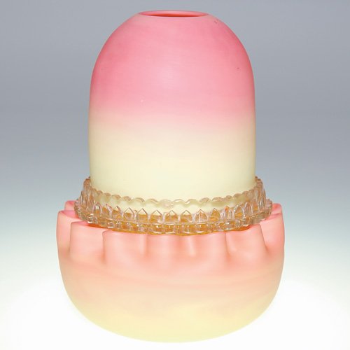 3 part Queen's Burmese Fairy lamp, 6 3/8": Thomas Webb Queen's Burmese fairy lamp consisting of three parts. The 3 1/2 inch dome rests upon a clear pressed Clarke's insert, a Burmese base with pie scalloped edge supports the ensemble. The base