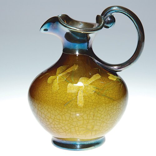 Roseville Rozane Royal 4 1/2" pitcher, silver overla: Roseville Rozane Royal 4 1/2 inch pitcher, decorated with white violets by Tot Steele and enhanced with silver overlay at the rim, handle and base. Impressed with the name Rozane in block letters, the