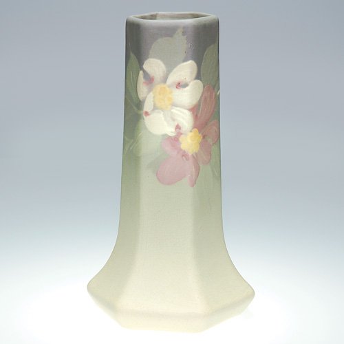 Weller Hudson Light 11 5/8" vase, floral: Weller Hudson Light 11 5/8 inch vase decorated with pink and white blooms. Impressed Weller in block letters. There is fine overall crazing and a very tight spider to the base.
