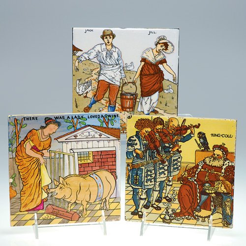 3 Mosiac & Wheeling 6" story tiles: Three 6 inch square 'Story Tile," each showing an entertaining and colorful vignette. Old King Cole, with his pipe and his bowl and his fiddlers three grace one produced by the Mosaic Tile Co., and it