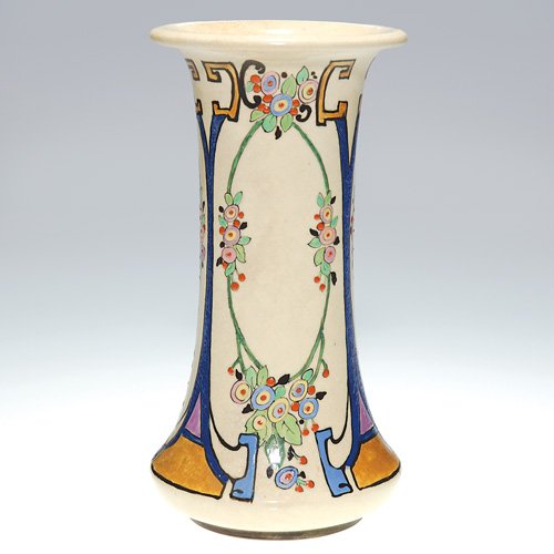 American Satsuma 7" vase; colorful stylized floral: American Satsuma 7 inch vase with three panels of colorful, stylized floral decorations against a cream ground. Unmarked. There is overall fine crazing.