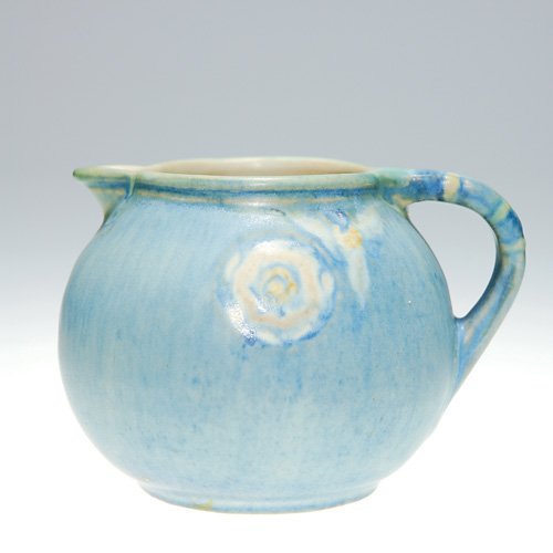 Newcomb 2 5/8" pitcher, Irvine, 1932, floral: Newcomb Pottery 2 5/8 inch pitcher with floral decoration, the work of Sadie Irvine in 1932. Impressed with the Newcomb symbol, shape 224, the date code for 1932 (TL 92), potter Jonathan Hunt's monogr