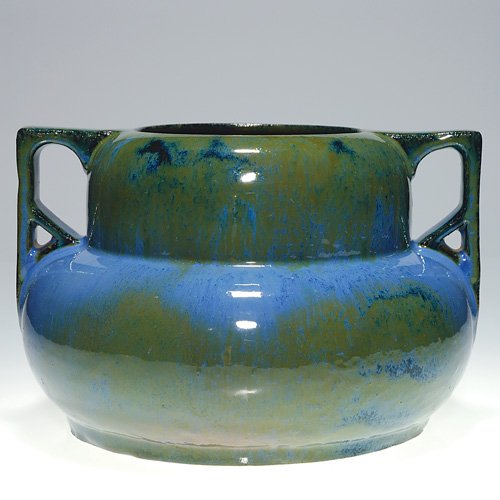 Fulper two handled vase, green over blue. 6 3/8: Meaty Fulper vase with square handles and stepped shoulder done in a nice variegated green over blue flambe' glaze. Marked with the larger rectangular ink stamp logo with serifs. Height is 6 3/8 inche