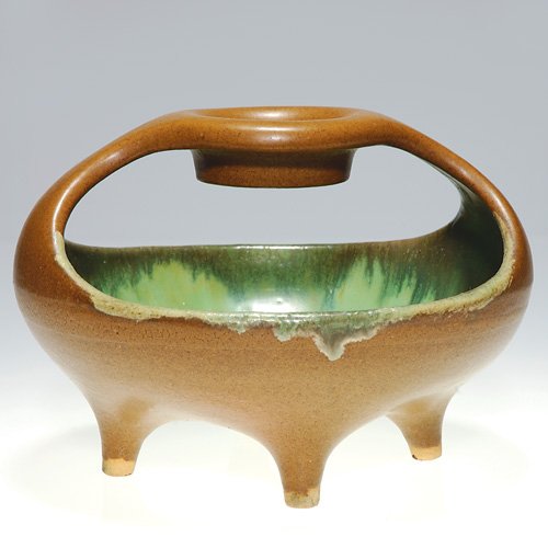 Fulper Vaz bowl, brown exterior, 5 1/2": Fulper Pottery 'Vaz" bowl, designed for flower arrangements, the exterior in mat brown while being lined in a blue green flambe' high glaze. Marked with the large, rectangular ink stamp. Height 5 1/2 