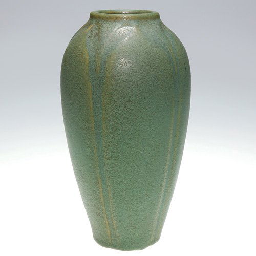 Van Briggle gray-blue vase, 1907-1912, 6 3/4: Van Briggle blue over gray mat glaze vase (shape 593) with embossed leaves done circa 1907 to 1912. Incised 'Van Briggle Colo. Spgs." on the bottom, much of which is obscured by glaze. Height 6 3/4 in