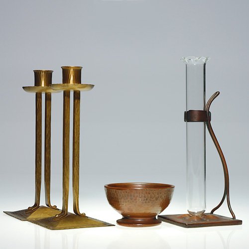 4 Roycroft items, 2 candleholders; vase; bowl: Four Roycroft copper items with orb & cross impressions: 1) Pair textured double stem candleholders on square bases. Height 7 1/2 inches. 2) Clear glass bud vase supported by serpentine arm attached t