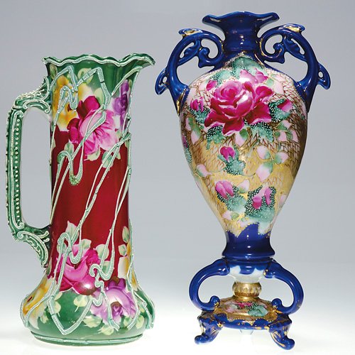 2 Nippon items, Rose vase, Moriage tankard: Two Hand Painted Nippon items. 1). Royal Kinran Nippon bolted urn with a large ruby color rose surrounded by buds on a cobalt ground. Lots of gold enhances the busy design. Height 12 inches. Royal Kin