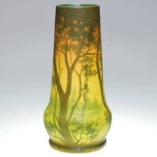 A. Walter 11" landscape vase: Almeric Walter 11 vase showing a misty landscape viewed through trees. Signed A Walter, Nancy on the side and marked AW on the base. There are a few lines of crazing and there has been restoration to