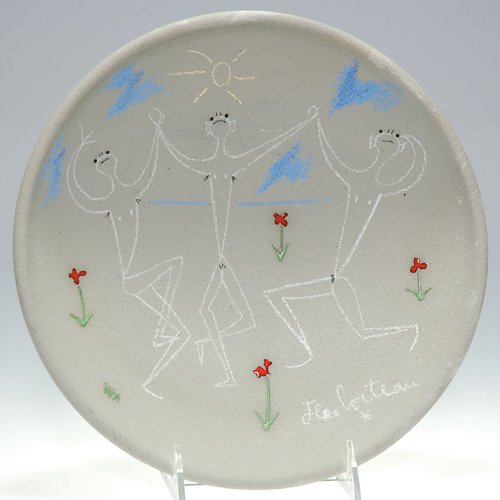Jean Cocteau plate, Trois Danseurs" 1958, 10: Jean Cocteau plate entitled 'Trois Danseurs" done in 1958 at the Madeline-Jolly Studio. Signed by Cocteau on the front and marked 'Edition Originale de Jean Cocteau Atelier Madeline-Jolly 18/50" on th