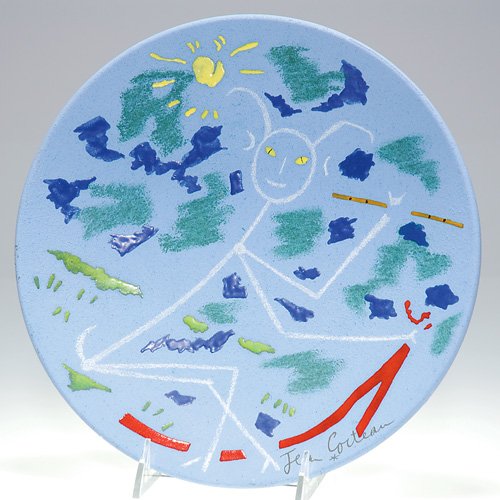 Jean Cocteau plate, Petit Faune Jayeux sur Bleu", : Jean Cocteau plate entitled 'Petit Faune Jayeux sur Bleu" made in 1961 at the Madeline-Jolly Studio in Frnce. Signed by Cocteau on the front and marked 'Edition Originale de Jean Cocteau Atelier Madel