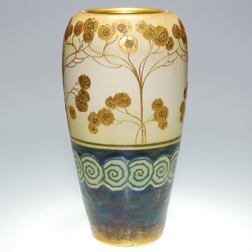 R.St.&K. vase, gold Mackintosh roses, 14 5/8: Large Riessner, Stellmacher & Kessel vase with gold Mackintosh roses on the upper half and luster glaze swirls on the bottom. Marked with the red 'R.St.&K." ink stamp logo and 'Amphora" in an oval and