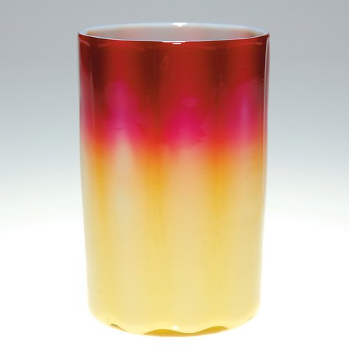New England Plated Amberina tumbler, 3 7/8: New England Plated Amberina tumbler. Height 3 7/8 inches. Small in the making dent to the casing at the edge of the base. The rim area is surrounded with a nice bicolor of red that uniformly blends in