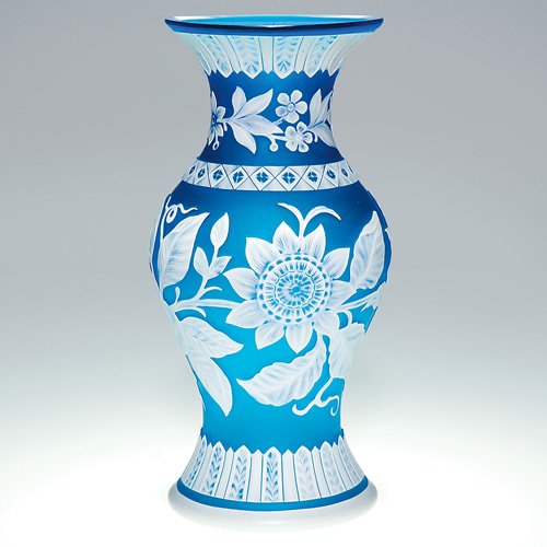 Webb English cameo vase, blue, floral,10 3/8: Exquisite cameo vase, attributed to Thomas Webb & Sons, beautifully decorated with a floral wreath about the girth revealing a solitary rose, an exotic passion flower on vine and two trumpet blossoms.