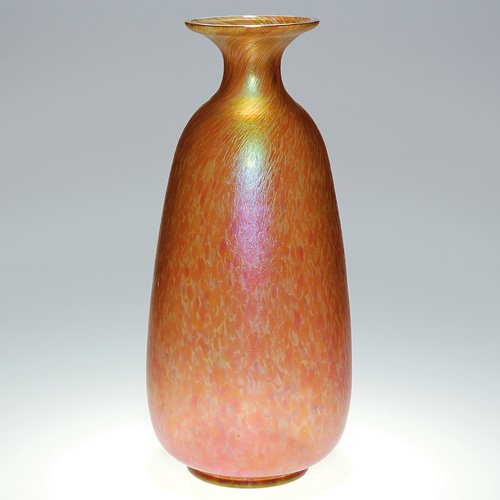 Large Loetz 'Papillon" vase, red, 14: Large Loetz vase, pretty in red displaying the 'Papillon" pattern over colorful spatter particles, the surface reflecting an abundance of iridescent sheen. Height 14 inches. Excellent condition.
