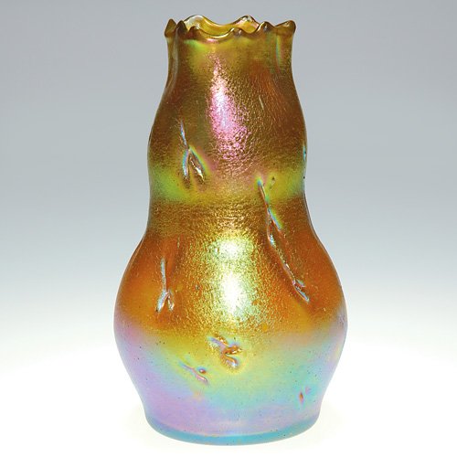 Loetz Candia Silberiris Astartig vase, 6 1/4: Good Loetz vase featured with the Candia Silberiris Astartig decor. The organic form had random patterns pinched within the surface while the glass was still warm from the furnace and finished with a 