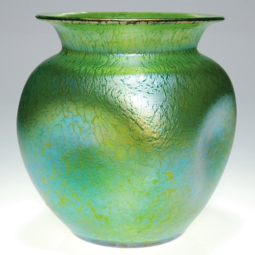 Loetz 'Creta Papillion" vase, dimples, 7 3/4: Large Loetz 'Creta Papillion" vase having four dimpled sides and a flaring rim. Height and shoulder width is 7 3/4 inches. This green vessel attractive and in excellent condition.