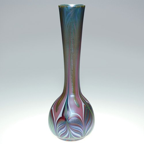 Orient & Flume vase, double hook, 12", 1979: Stylish Orient & Flume vase having double hooked designs pulled from the rim and up from the base. Height 12 inches. The plum, green and silvery blue colors complement each other. Nicely executed desi
