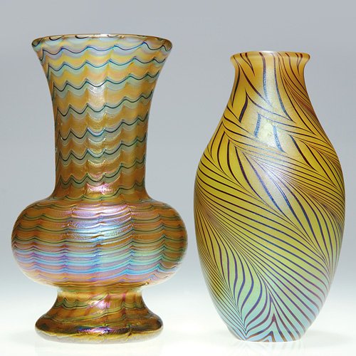 2 vases:Orient & Flume, 5 1/4"; Czech, 5 1/2: Two contemporary vases; 1)Orient & Flume having dark feathering in reverse spiral against a golden backdrop. Nice iridescent matte finish, Height 5 1/4 inches. Firm's signature and registered number.