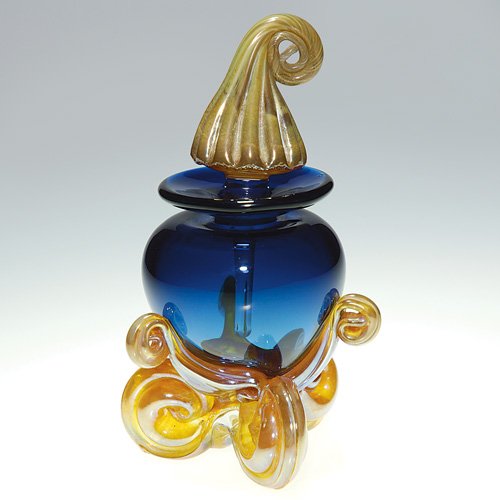 Chuck Sorrels cobalt perfume w/stopper, 6: Chuck Sorrels 'Mango Rococo" cobalt urn perfume lofted upon an amber 'scroll" base. Height 6 inches. Engraved by the artist. Excellent original condition.