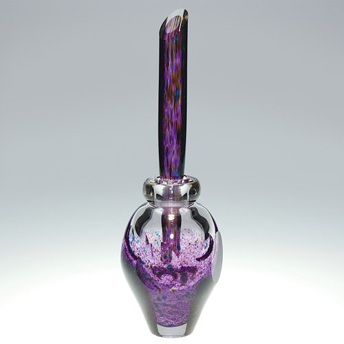 Andrew Shea perfume w/stopper, 10 3/4: Andrew Shea paperweight perfume with stopper created with amethyst and blue spatter having polished 'bullseye" on the shoulder. Tall amethyst/blue stopper. Height 10 3/4 inches. Engraved by the artist