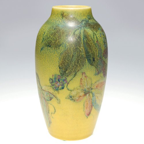 Rookwood 7" Decorated mat, Pullman, floral: Decorated mat glaze 7 inch vase generously decorated with woodbine by John Wesley Pullman in 1929. Impressed with the Rookwood logo, the date and shape 900 D and marked by the artist with his monogram