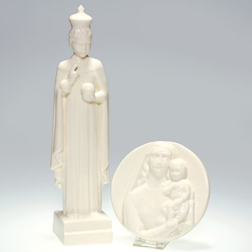 Rookwood lot of 2 religious figures, Infant of Pr: Lot of two religious figures: First an 11 3/4 inch statue of the Infant of Prague, cast in 1959 and covered with a white high glaze. Impressed with the Rookwood logo, the date, shape 6950 and "Rookwoo