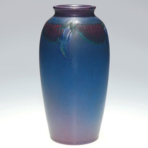 Rookwood Decorated Mat, floral, Todd, 9 3/8": Decorated Mat 9 3/8 inch vase with incised and colored floral ring around the shoulder, done by Charles Todd in 1919. Impressed with the Rookwood insignia, the date, a V to indicate Vellum body and sh