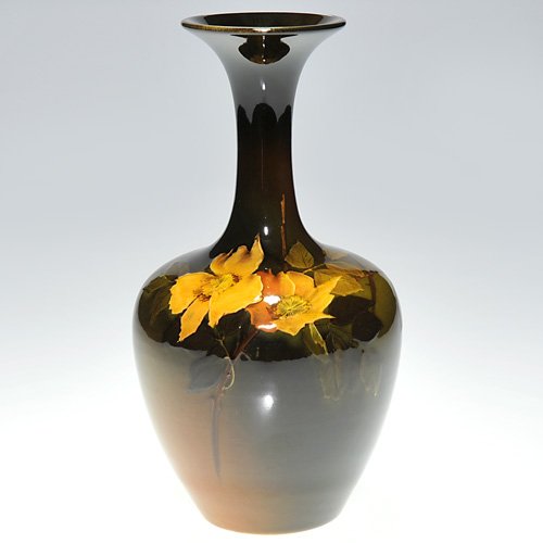 Rookwood Standard 7 7/8" vase, floral, JDW: Standard Glaze vase decorated with yellow wild roses by John Wareham in 1895. Impressed with the Rookwood symbol, which indicates the date, and shape 304 C and incised with Mr. Wareham's mark. There i