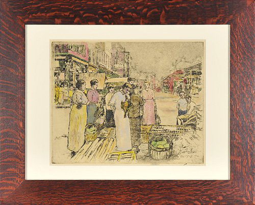 Hand-colored lithograph by Rookwood artist E.T.H.: Hand colored lithograph showing several ladies shopping for chickens at Cincinnati's Findlay Market, done by Rookwood Pottery artist E.T. Hurley in 1917. Signed and dated by the artist in the plate in