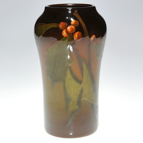 Rookwood Standard 6 1/4" vase, holly, LEH: Standard Glaze 6 1/4 inch vase decorated with holly leaves and berries by Lena Hanscom in 1903. Impressed with the Rookwood insignia, the date and shape 935 E and incised with the artist's initials. T
