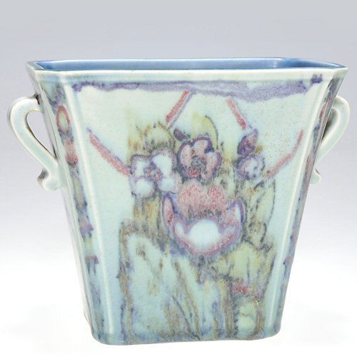 Rookwood mat floral 5 1/2" vase, Pullman: Decorated mat glaze 5 1/2 inch vase profusely covered with spring bouquets by John Wesley Pullman in 1930. Impressed with the Rookwood logo, the date, shape 6041 and a fan-shaped esoteric mark and bea