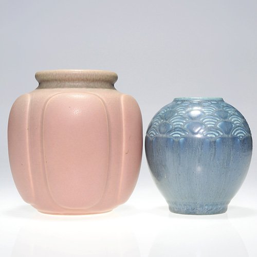 Rookwood: Lot 2 production vases 2838, 6653: Lot of two production vases: First stands 5 inches and was cast in 1927 with a panel design and covered with the mat pink glaze with green hazing and bears shape number 2838. The second is four inches