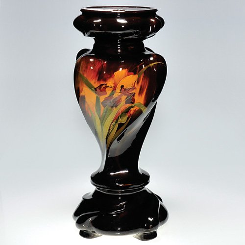 Large Weller Aurelian pedestal, irises, 27": Large Weller Aurelian pedestal decorated with finely arrayed irises. Unmarked. There is overall crazing and a few minor nicks. Height 27 inches.