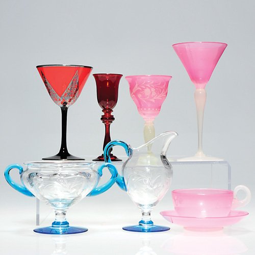 Steuben:3Rosaline;Ruby cordial;cream&sugar: Steuben, Stevens & Williams and Austrian group: 1)Rosaline and Alabaster wine, the bowl engraved with flowers and vines on twist stem. Height 4 5/8 inches. Block acid mark and has "Rockwell Gallery" s