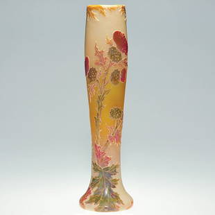 Legras SD cameo vase, thistle, 14 1/4": Legras cameo vase having in relief teasel blossoms on spiny stems with foliage in naturalistic coloring, the beige backdrop simulating cornelian stone. The Legras signature lies beside the script init