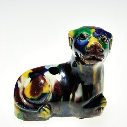 Ceramic dog water dropper, 3 1/4"X3 1/2": Good ceramic water dropper formed as an alert and idle dog covered with a multi colorful high glaze. Height 3 1/4 inches, length 3 1/2 inches. This charming companion is probably from the San Cai peri