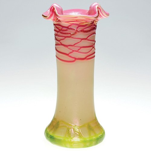 Loetz attributed vase, threaded, pulled, 5 1/2": Attractive Loetz attributed vase with raspberry threading applied below the irregular ruffled rim and an apple green design pulled about the base. Height 5 1/2 inches. Pink cases the almond exterior. 