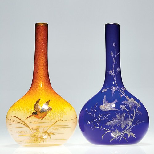 2 Graf Harrach stick vases, 9 1/4",blue; amber: Two vases from the Graf Harrach factory. 1)9 3/8 inch amber with mica floating on the upper section and enamel decorated on the front with a woodcock in flight and lacy Queen Anne flowers on the back.