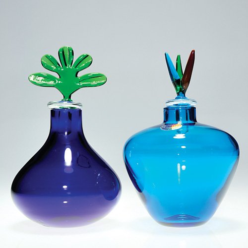 2 Venini perfumes, cobalt blue, fern stopper, 5 1/: Two Venini perfumes with stoppers created and signed by Laura de Santillana, dated 2002 and 2003. 1)Cobalt blue bottle supports a fernery stopper of green. Height is 5 1/2 inches. 2)Celeste blue bottl