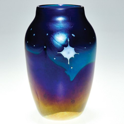 Orient & Flume purple vase, starry sky, 5", '88: Celestial "Starry Starry Night" vase, the creative efforts of a talented Orient & Flume artist who in 1988 displayed a rolling landscape beneath a star filled sky. The galaxy of tiny stars are dwarfed